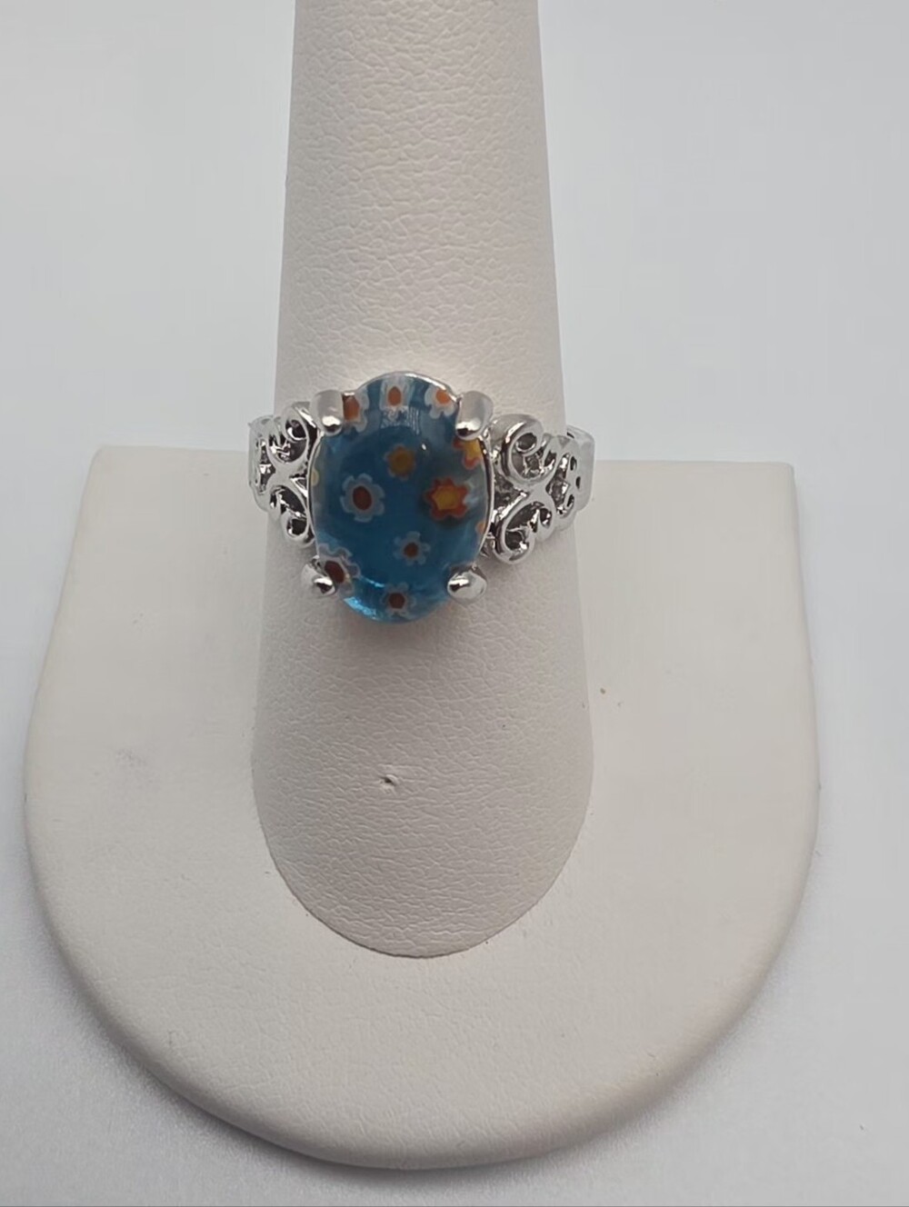 Silver Blue Millefiori Glass Floral Ring  Size 9